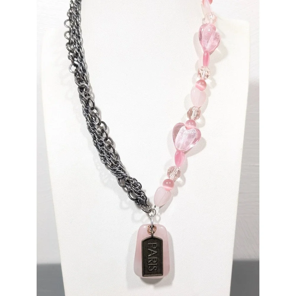 Pink Frosted Glass Heart Multi‎ Chain Paris Charm Necklace 20